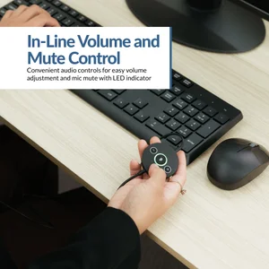 Hand holding the in-line USB controller with volume and mute controls