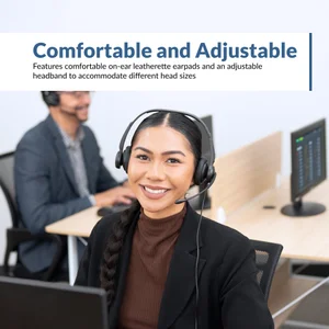 Call center workers wearing AC-204ENC II headsets with adjustable leatherette earpads