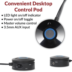 CA-3610 desktop control pod with volume, bass, AUX input, and power controls