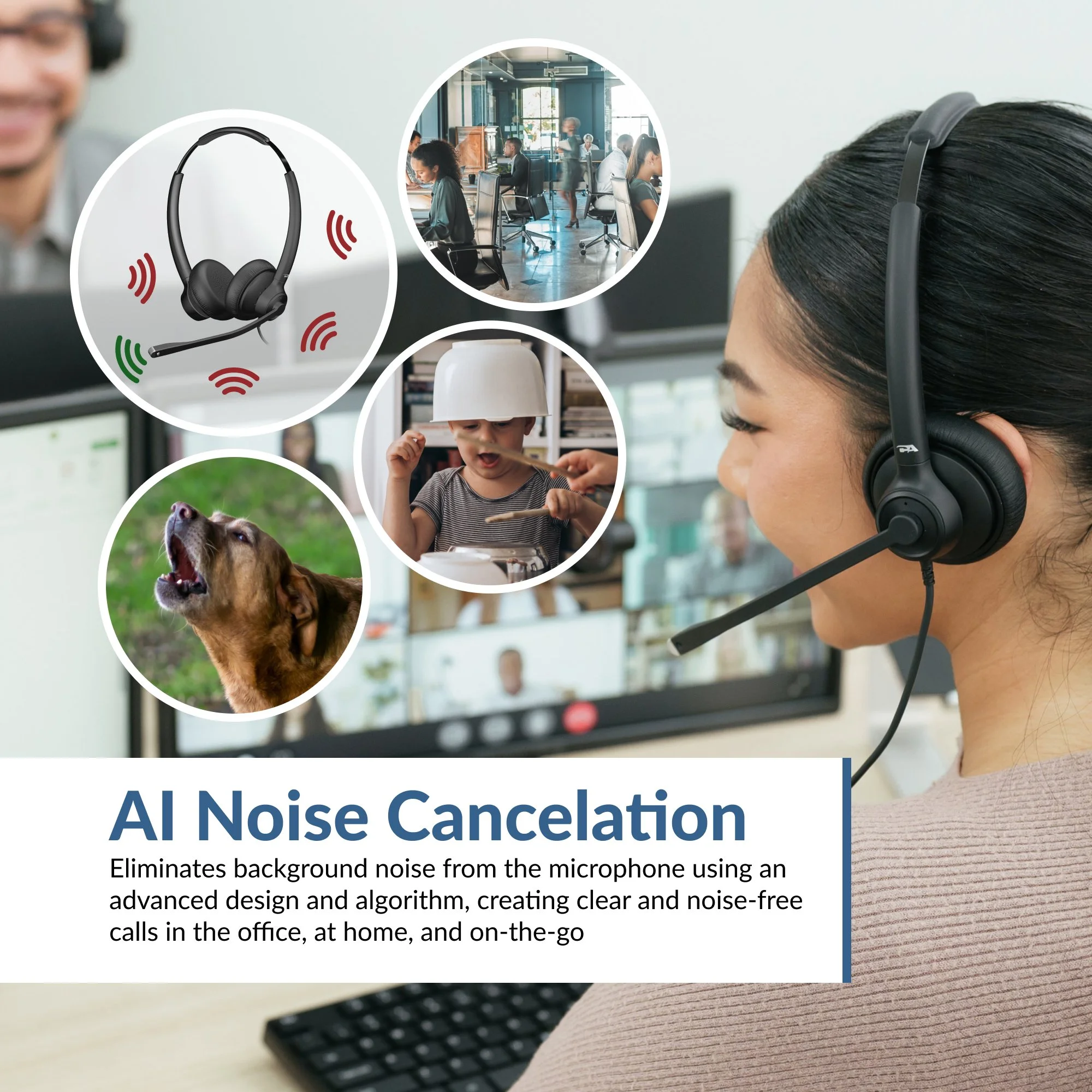 Cyber Acoustics AC-404 headset demonstrating AI Noise Cancelation by reducing background sounds such as office noise, pets, and household activity during calls