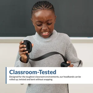 Student bending and twisting the AC-6012 headband in front of a chalkboard — classroom-tested USB-A headset with microphone for school built to roll, twist, and flex without snapping