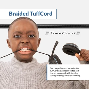 Student biting the AC-5008 braided TuffCord cable — classroom-tested and teacher-approved USB-A stereo headset with microphone that withstands coiling, twisting, and chewing