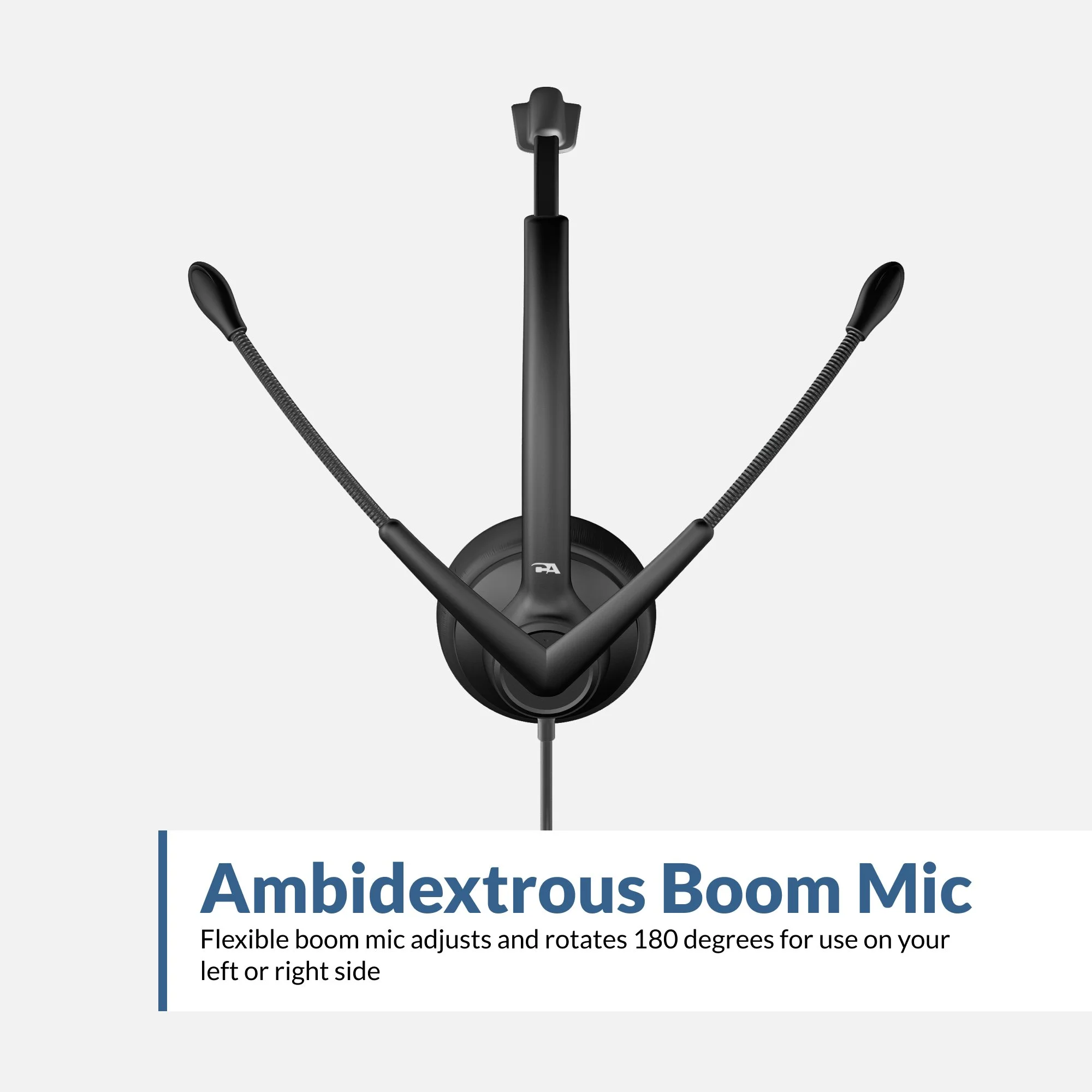 Cyber Acoustics AC-304TR headset showing ambidextrous boom microphone that rotates 180 degrees for left or right side use