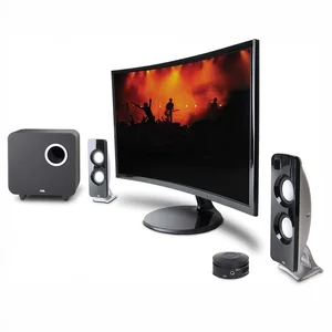 CA-3610 2.1 computer speaker system arranged around a curved desktop monitor