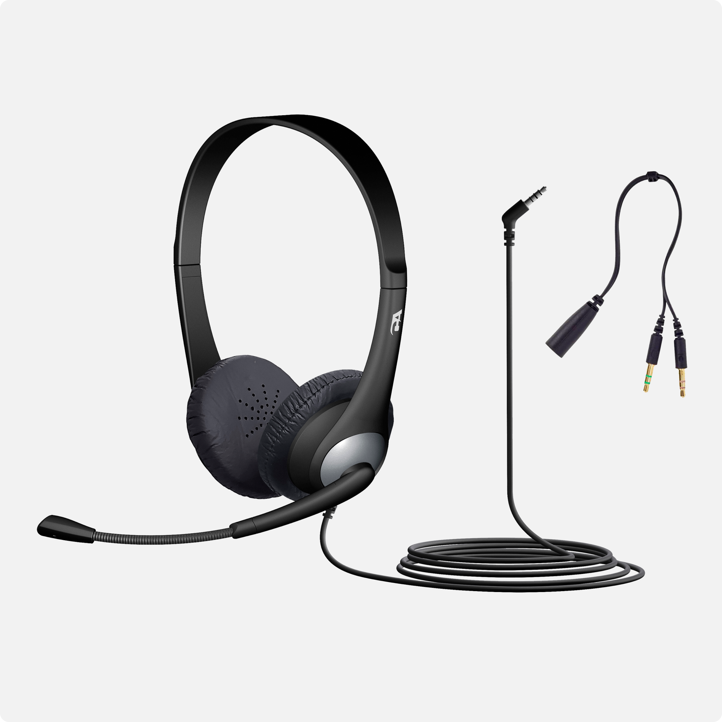 Cyber Acoustics AC-204 wired 3.5mm PC headset with boom microphone and Y-adapter — plug and play headset for desktop computers, Windows PCs, and laptops with no software installation required