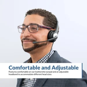 Professional wearing AC-104 mono headset with boom mic at a workstation — comfortable adjustable headband and single leatherette earpad for all-day PC use in office, remote work, and school settings