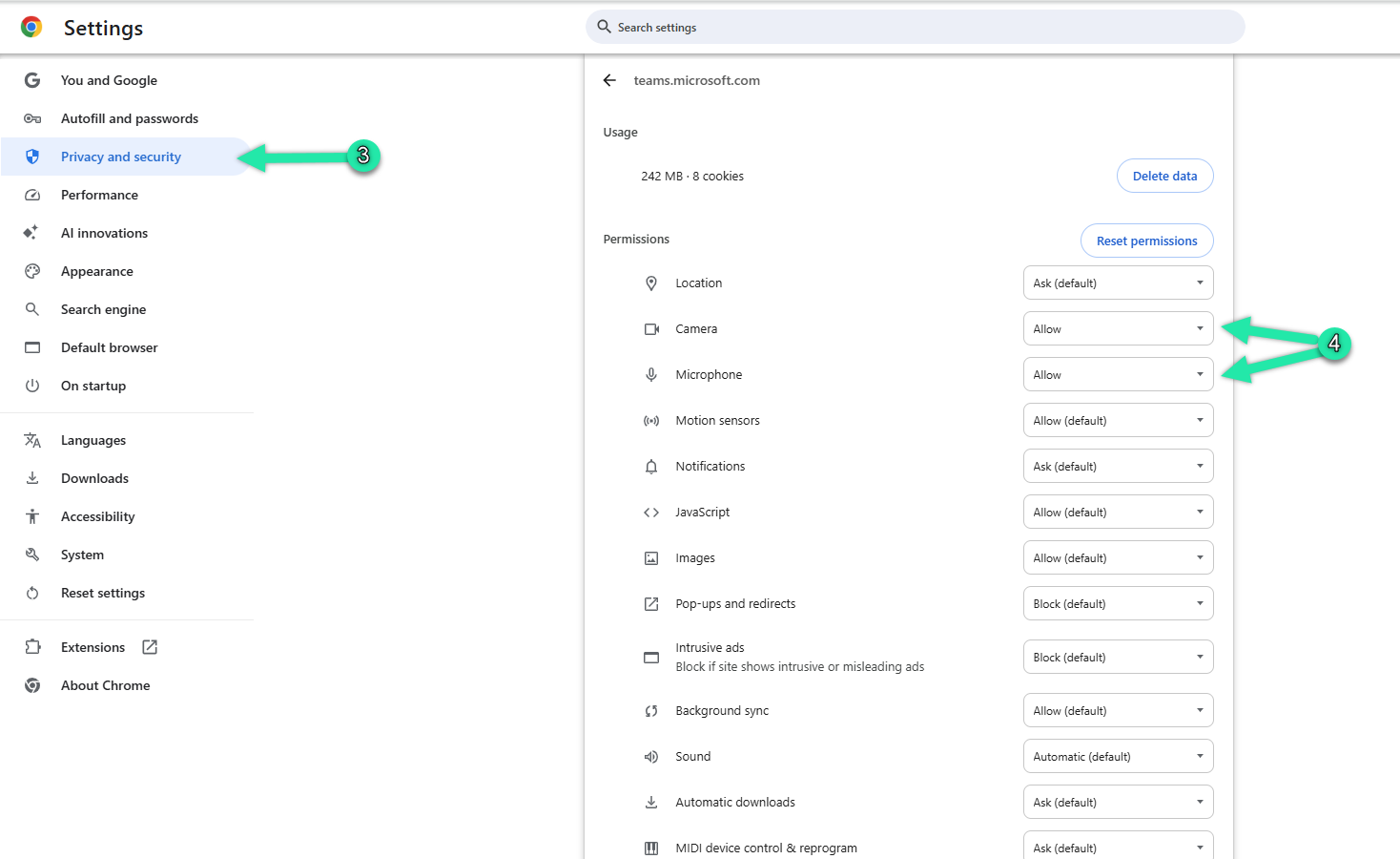 Chrome site settings page with microphone and camera set to Allow