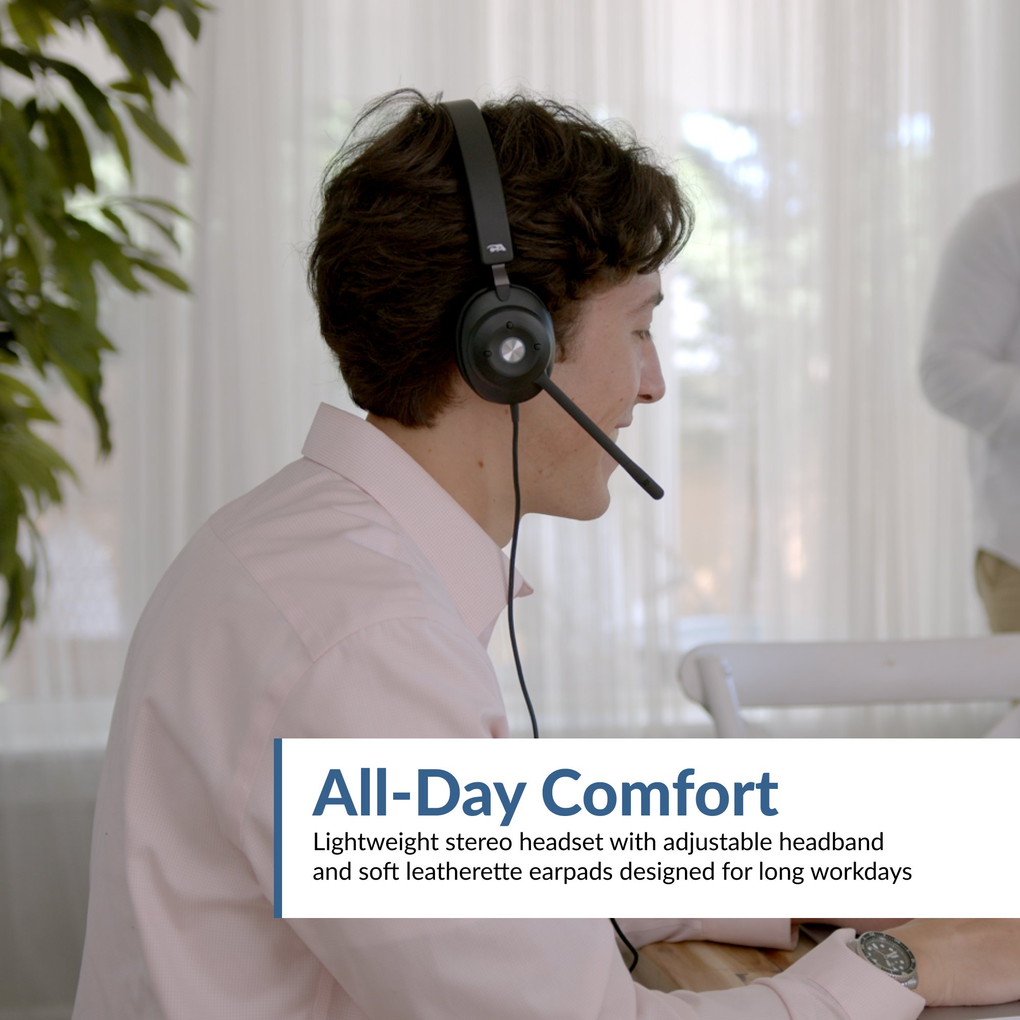 Lightweight stereo headset with adjustable headband and soft leatherette earpads for all-day comfort