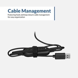 AC-5008 TuffCord cable coiled and bundled with hook-and-loop strap showing inline control pod and USB-A connector — USB-A stereo headset with microphone kept tangle-free for classroom cart storage