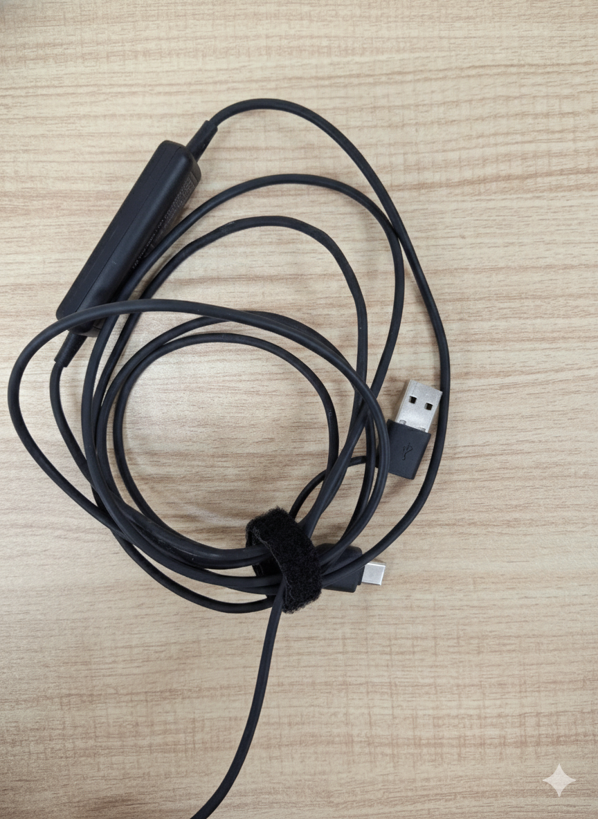 Call center headset USB cable loosely coiled and secured with velcro strap on a wood surface — correct storage
