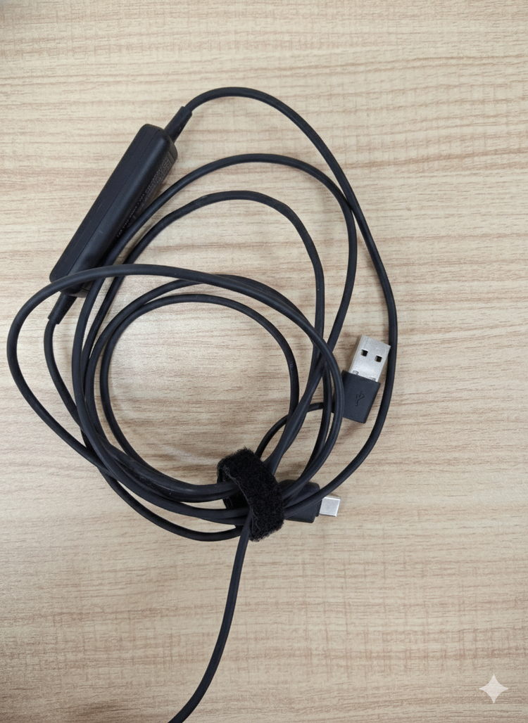 Call center headset USB cable loosely coiled and secured with velcro strap on a wood surface — correct storage