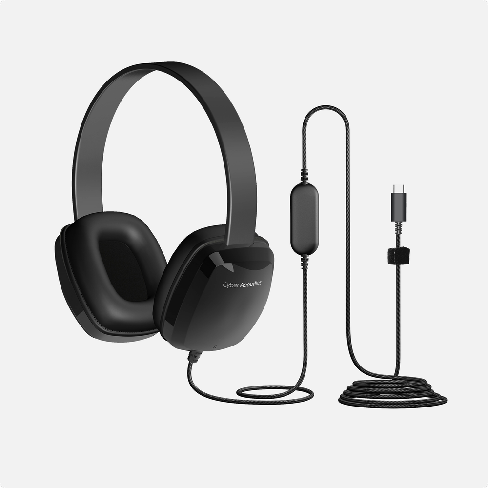 Cyber Acoustics ACM-6005C USB-C headphones for school — black over-ear headphones with braided TuffCord cable and USB-C connector on white background