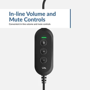 AC-6012 inline control pod with mute button, volume up, volume down, and green LED indicator — USB-A headset with microphone for school featuring convenient in-line controls students can use without IT setup