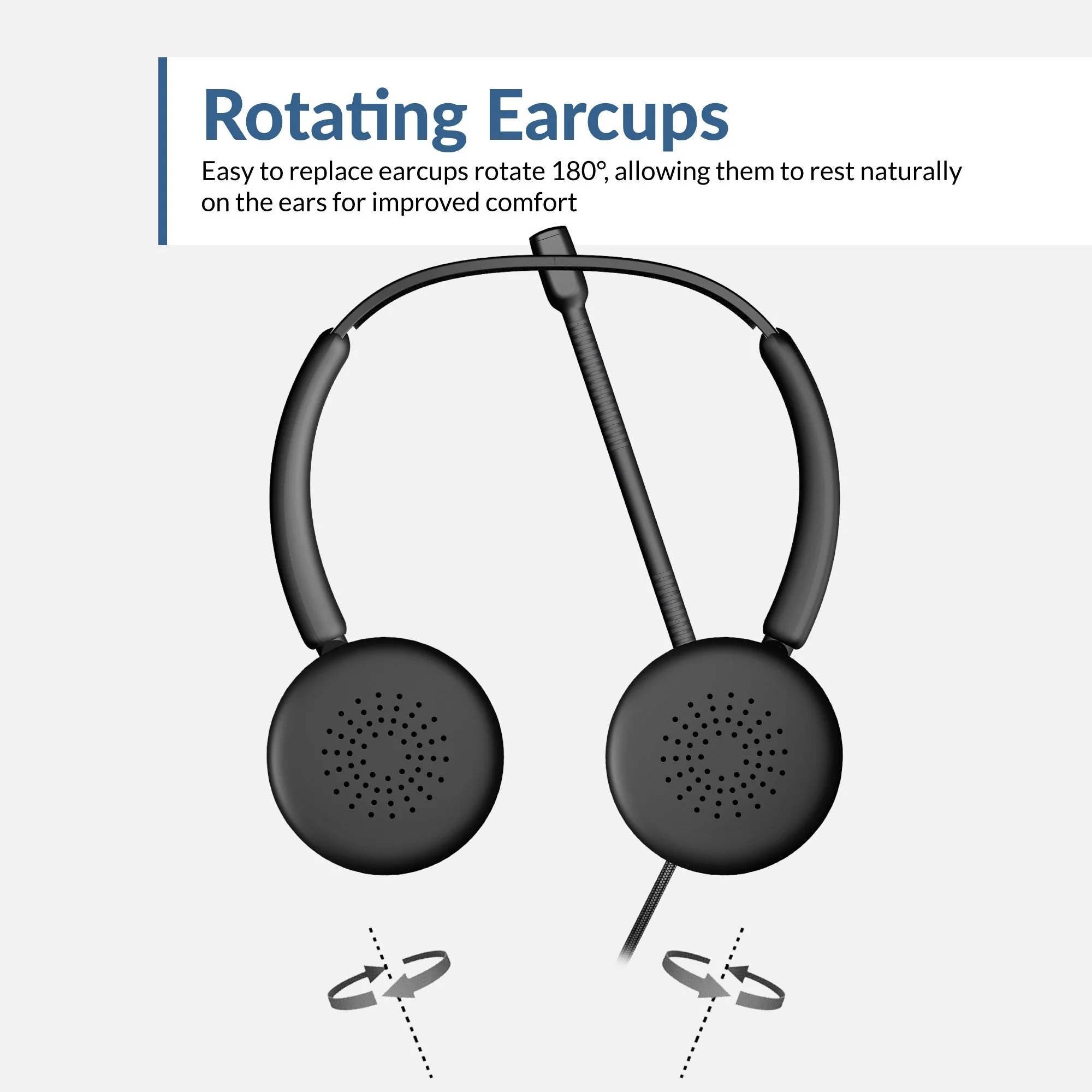 Diagram showing AC-204ENC earcups rotating 180 degrees for a comfortable, natural fit
