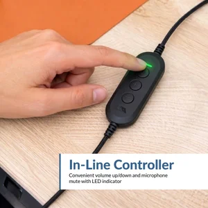 Hand pressing the mute button on the AC-204USB pill-shaped in-line controller with LED mute indicator