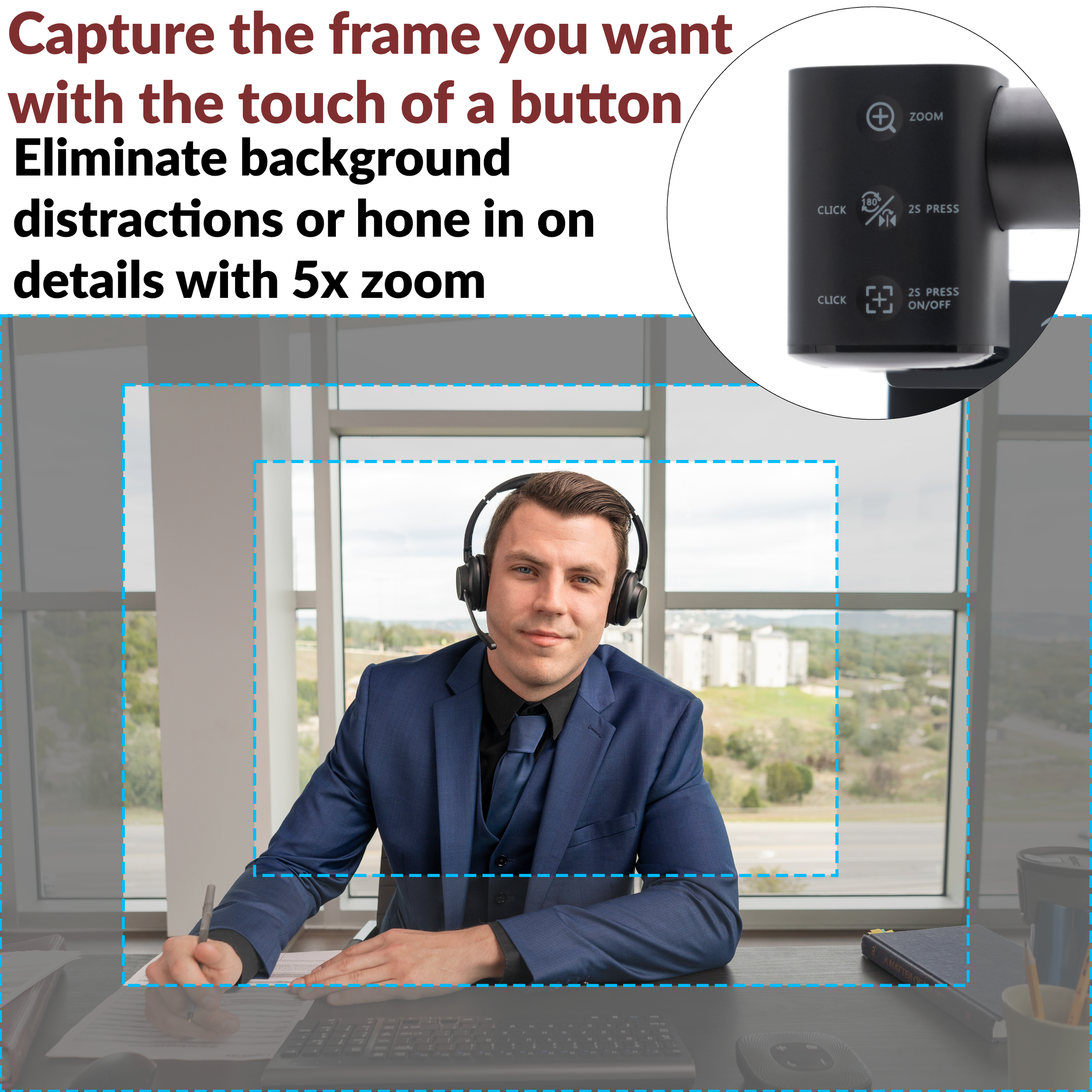 Webcam Flex with 5x zoom feature demonstrated on a video call