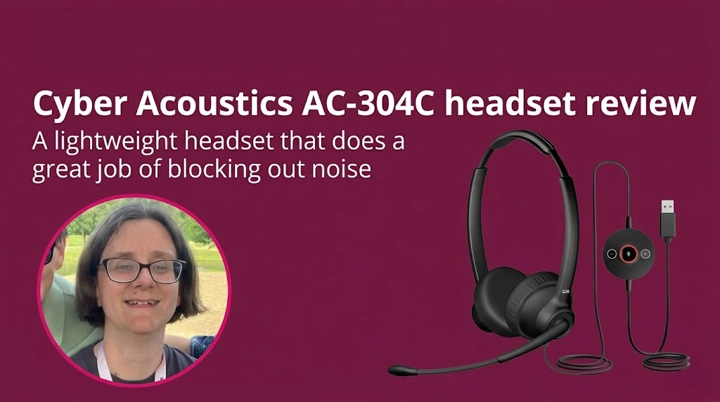 TechRadar Pro review card for the Cyber Acoustics AC-304C: 'A lightweight headset that does a great job of blocking out noise'