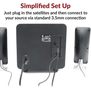 CA-3610 simple setup: satellites and audio source connect to the subwoofer via a 3.5mm connection