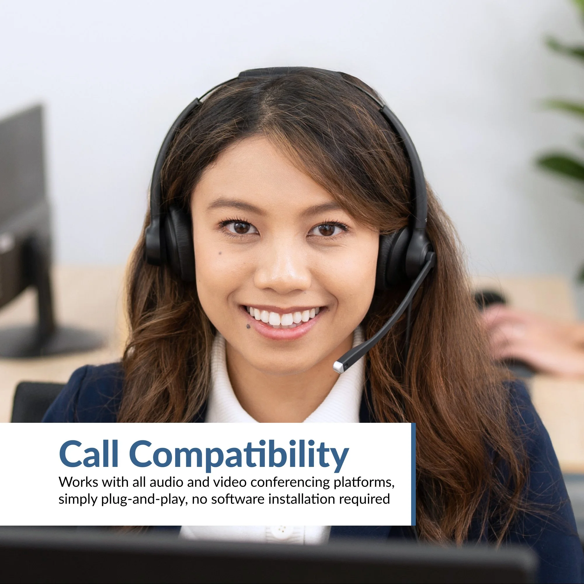 Cyber Acoustics AC-404 USB headset worn by a call center agent, illustrating compatibility with video conferencing and softphone platforms