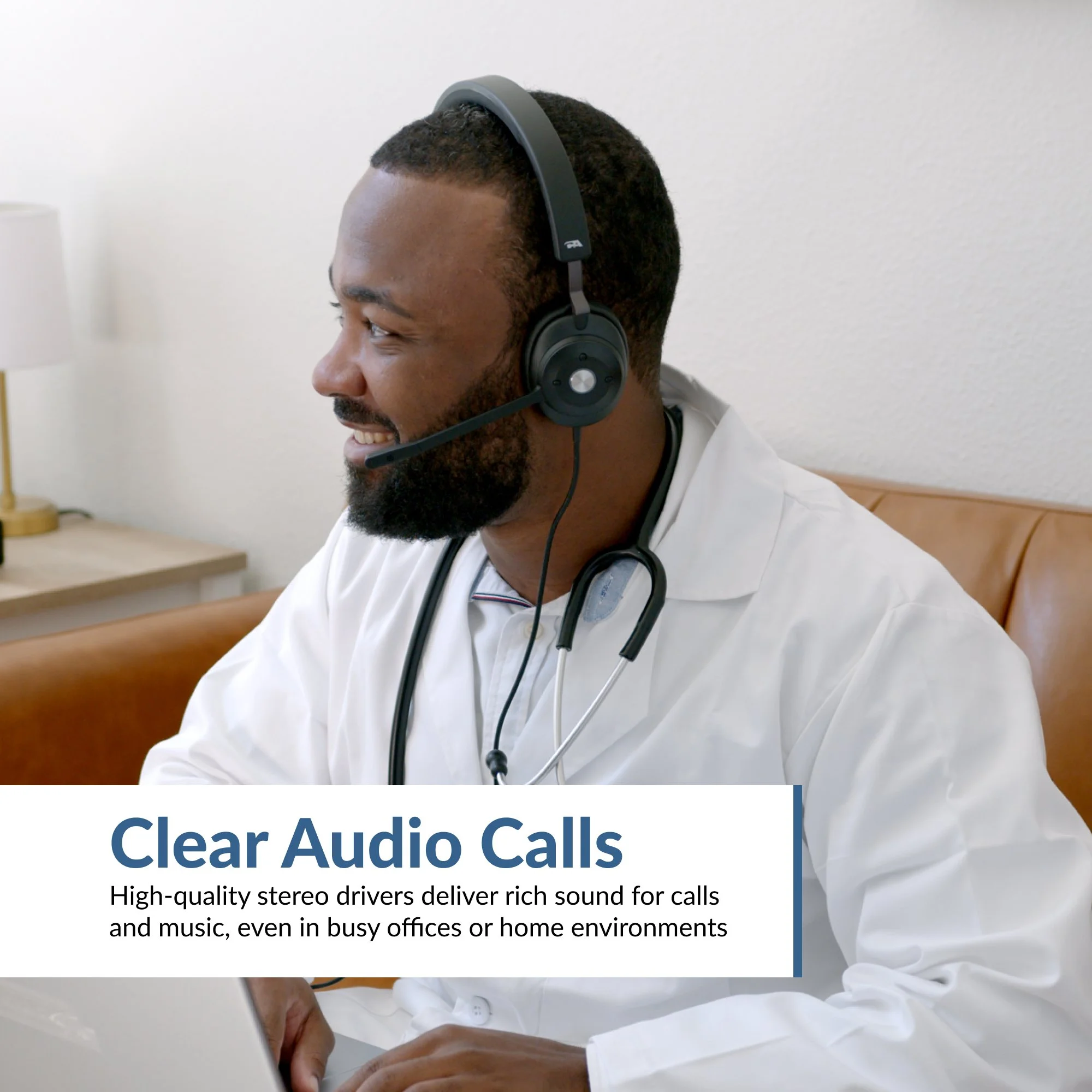 Stereo headset delivering clear audio for calls and music in home or office environments