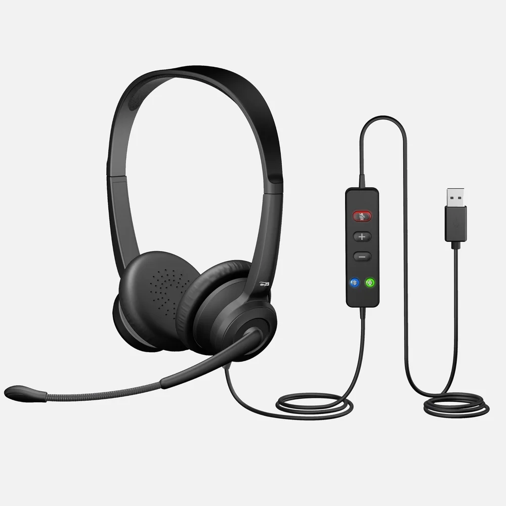 Cyber Acoustics AC-204TR II call center training headset with binaural earcups and flexible boom microphone, shown next to its tethered USB-A controller with mute, volume, Bluetooth, and mic-select LED buttons