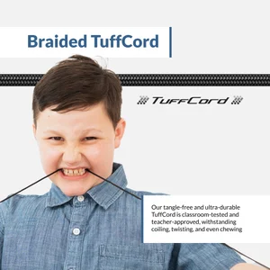 Student biting the AC-6012 braided TuffCord cable — classroom-tested and teacher-approved USB-A headset with microphone for school that withstands coiling, twisting, and chewing