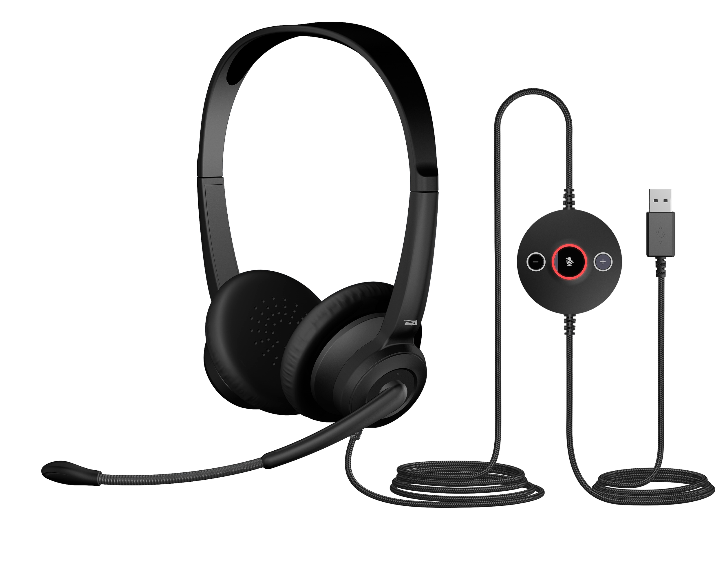 Wireless headset with microphone, charging base, volume controls, mute button, and USB charging cable on a gray background.