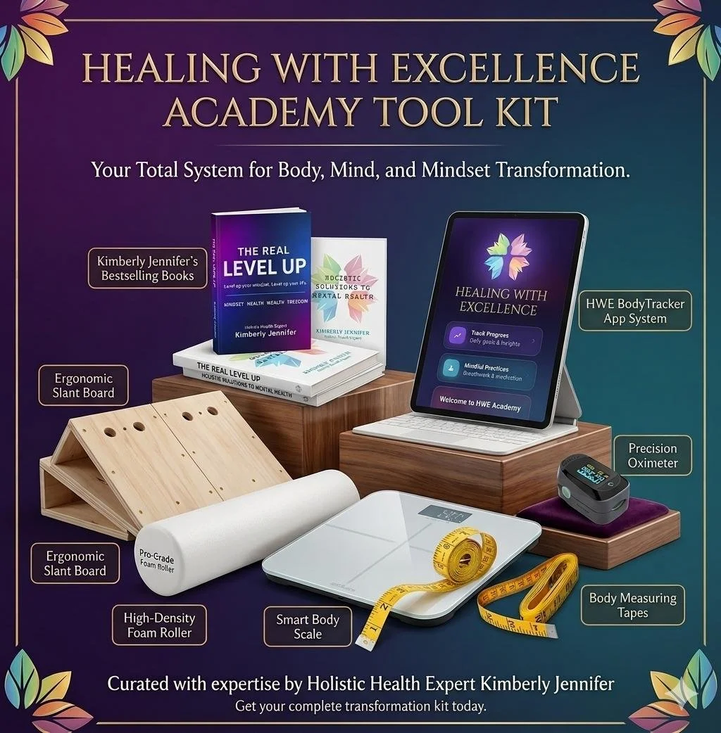 Healing With Excellence Academy Tool Kit — books, slant board, foam roller, measuring tape, oxygen monitor, smart scale, body tracker app