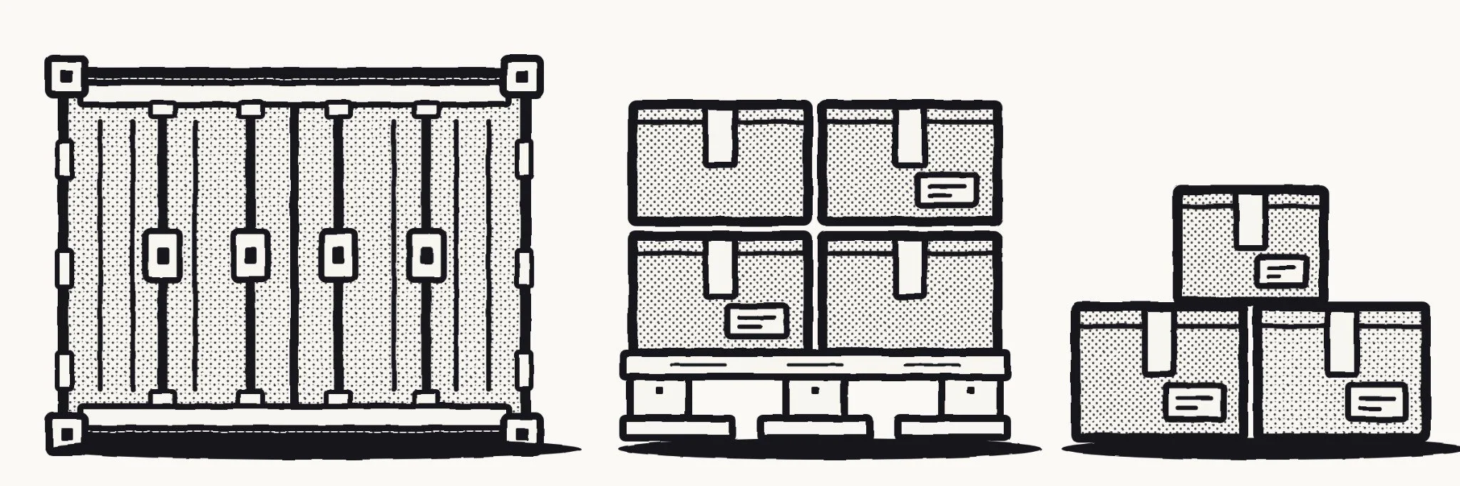 Hand-drawn shipping container, loaded pallet and parcels