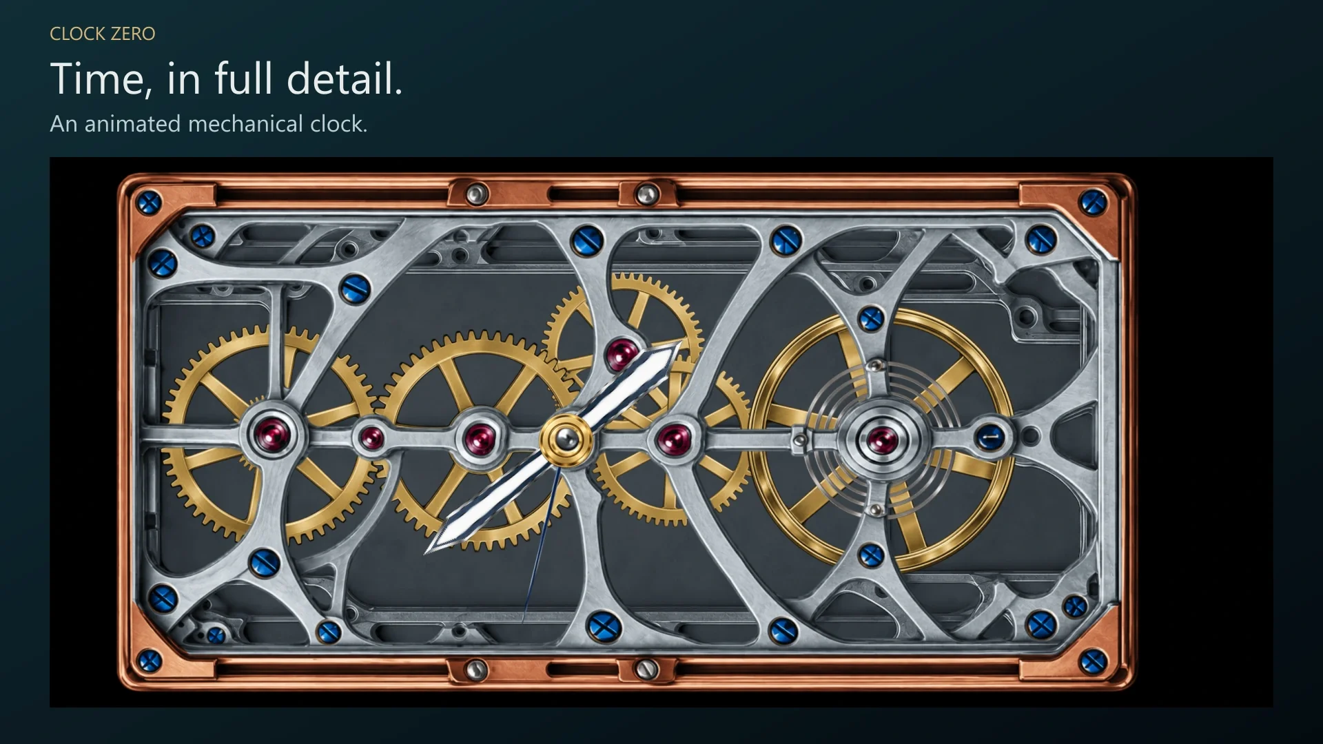 Clock Zero full clock with exposed brass gears, steel frame and copper outer border