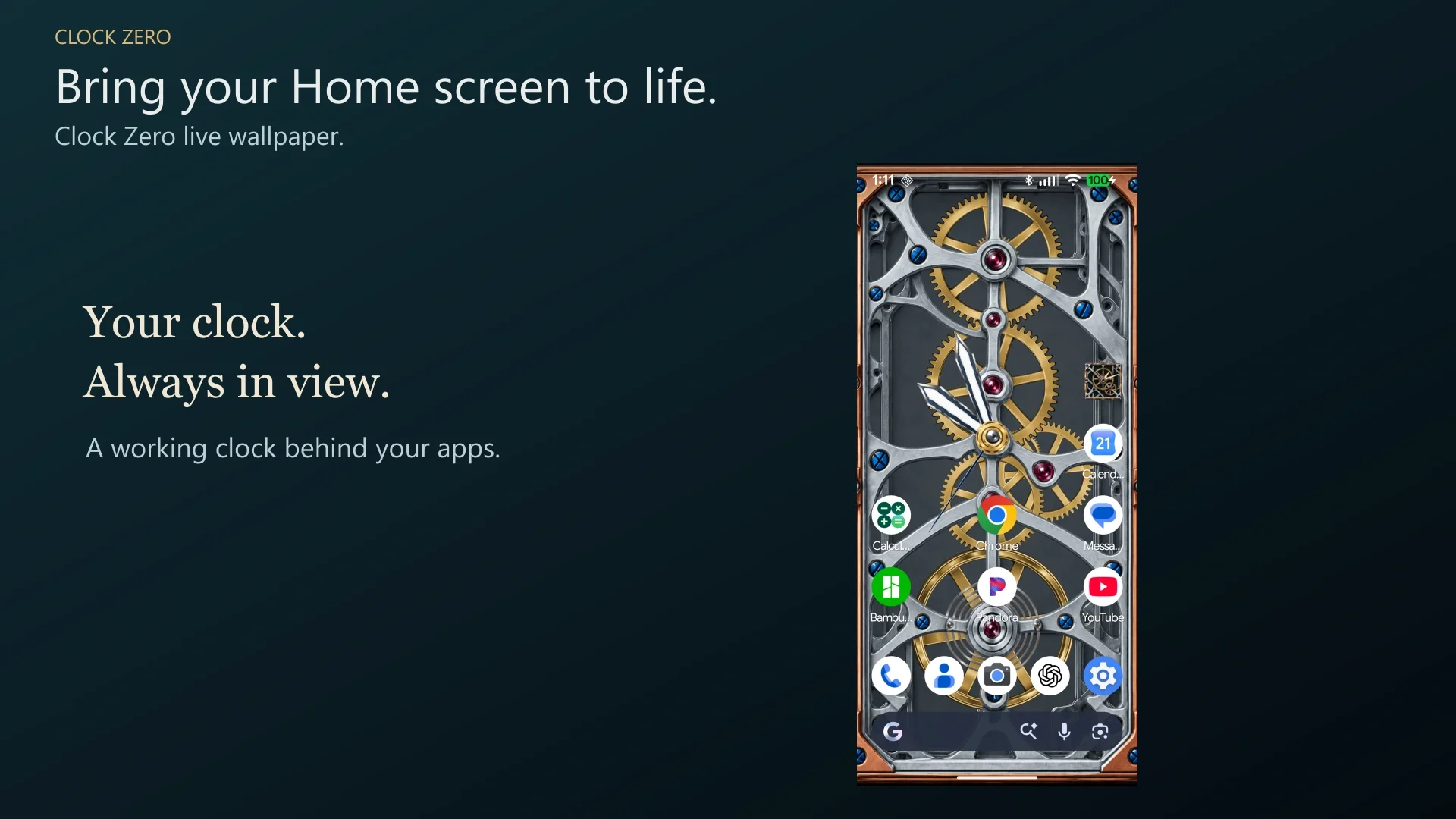 Clock Zero animated live wallpaper shown on an Android Home screen
