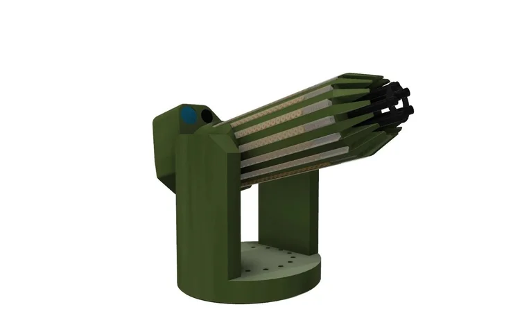 automatic gun to shoot down drones, green colored against white background, looking very evil.