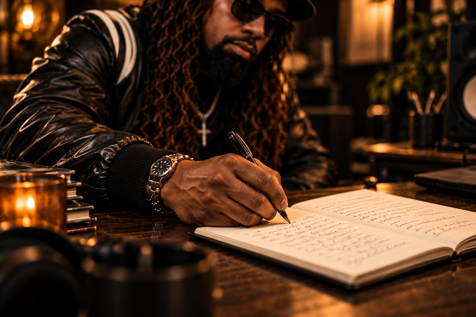 Brayo writing in a notebook in a warmly lit music room