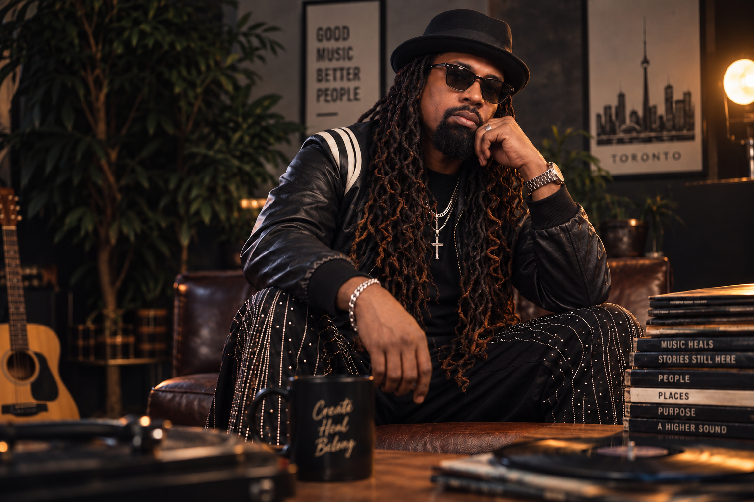 Brayo Bryans seated in a warmly lit music room, wearing a black hat, sunglasses and leather jacket