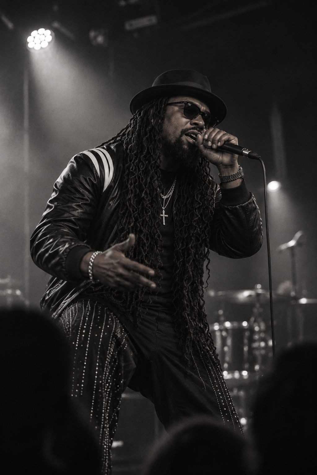 Brayo singing into a microphone in a black-and-white performance campaign portrait
