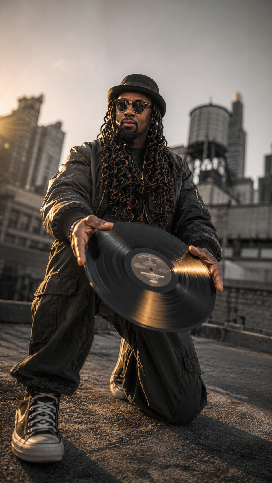 Brayo holding a vinyl record on a rooftop