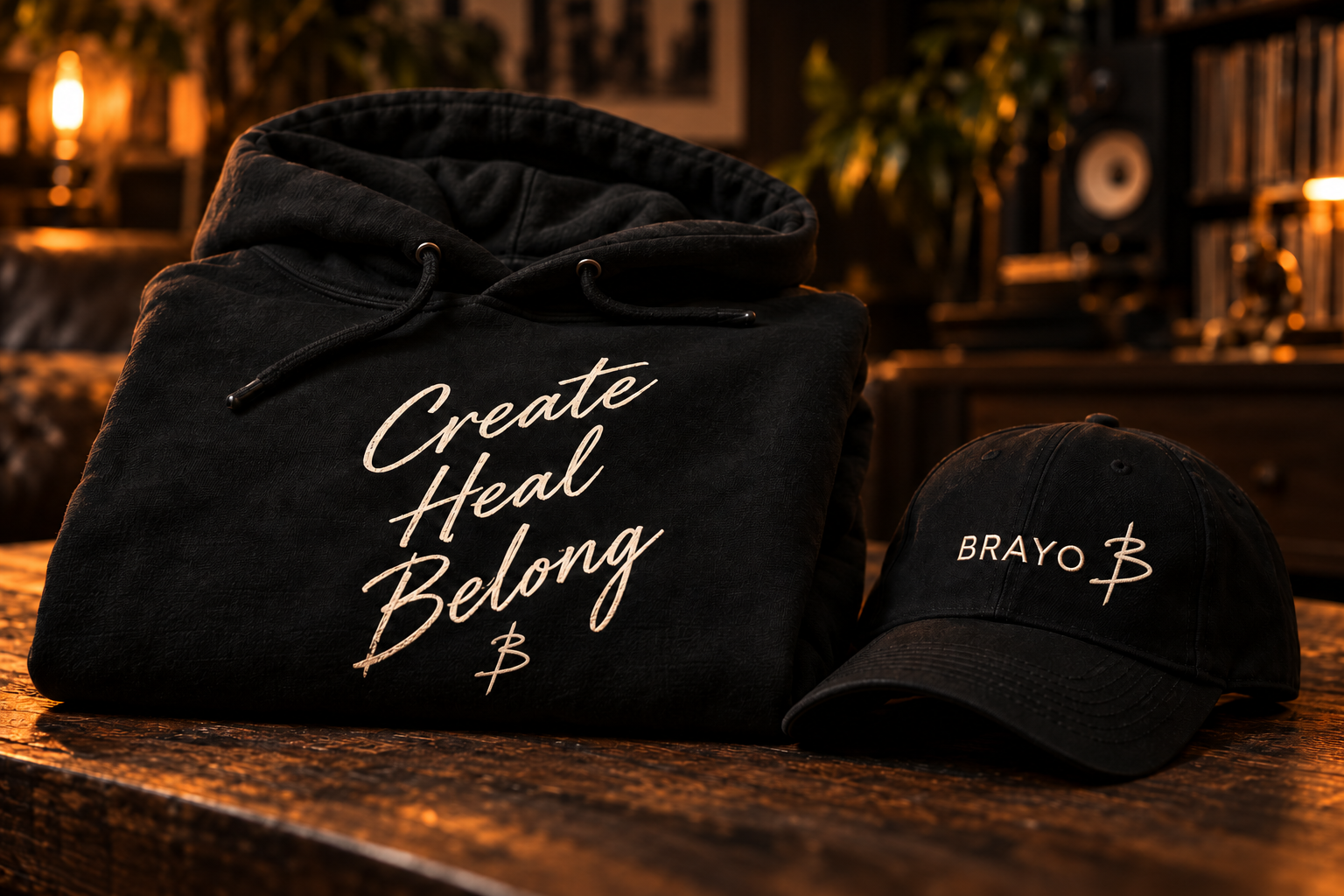Concept image of a black Create Heal Belong hoodie and Brayo cap