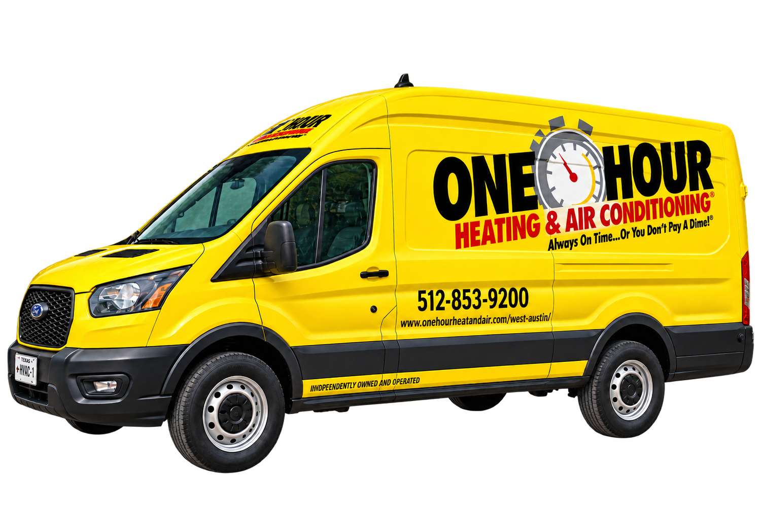 Yellow One Hour Heating and Air Conditioning Ford Transit with commercial wrap graphics