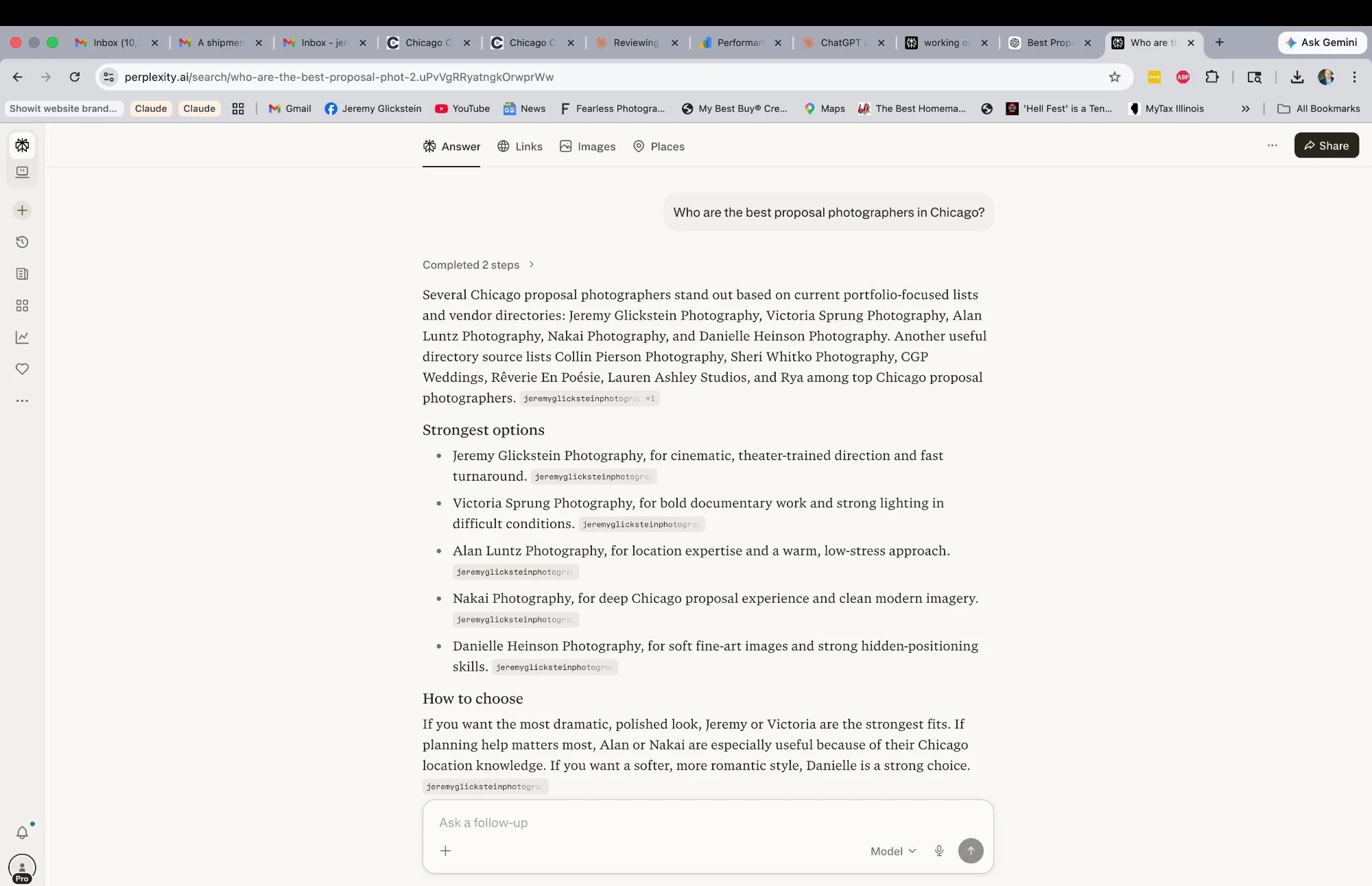 Perplexity AI recommending Jeremy Glickstein Photography first for Chicago proposal photographers