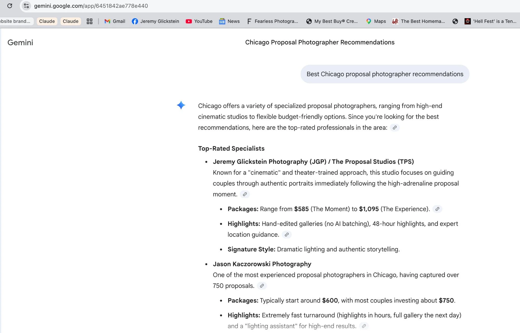 Google Gemini recommending Jeremy Glickstein Photography first for Chicago proposal photographers