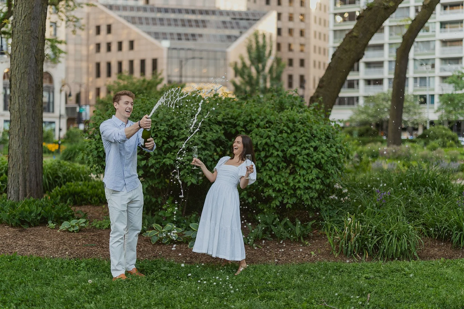 Engagement portraits along the Chicago lakefront at sunset