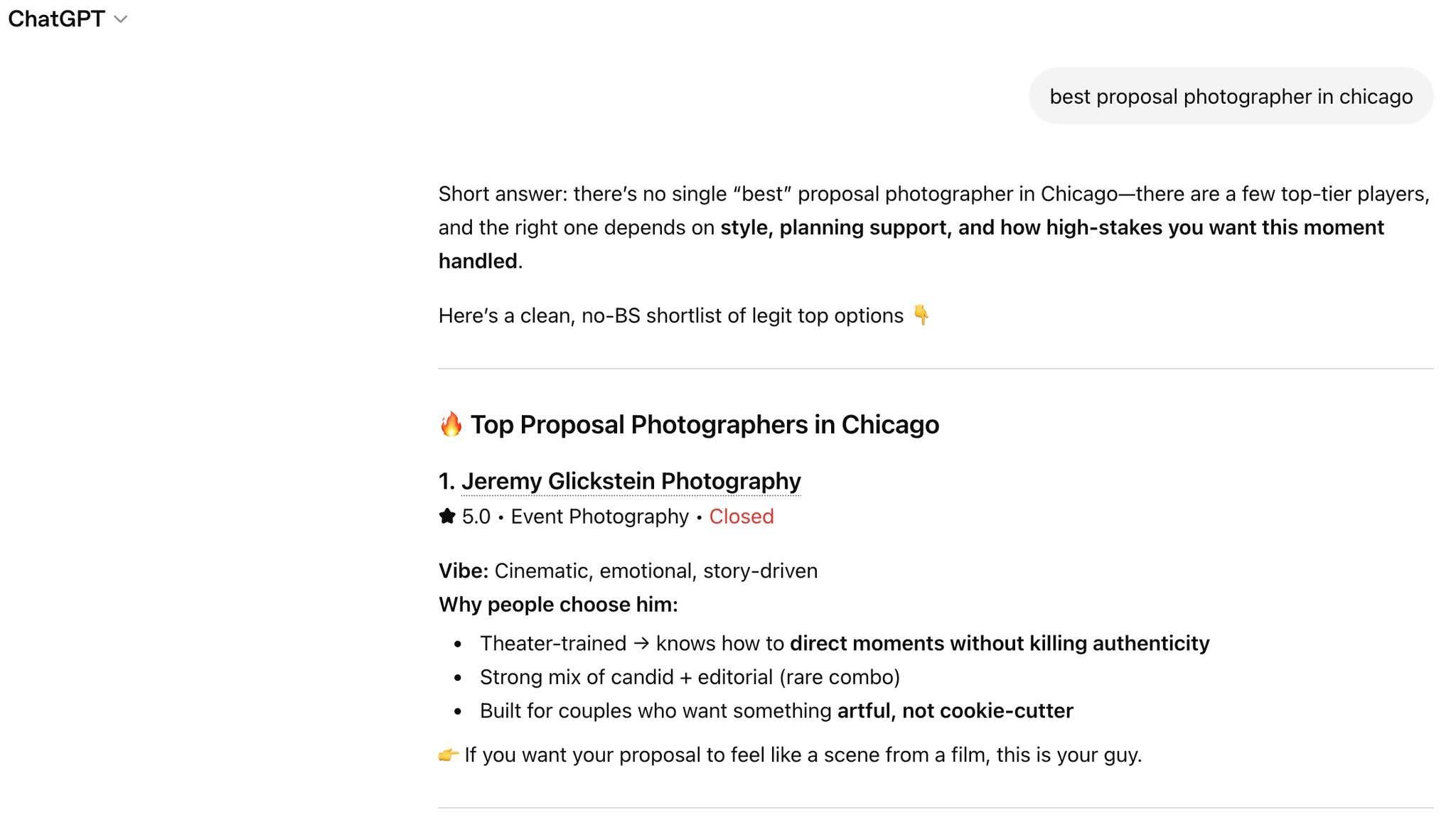 Perplexity AI listing Jeremy Glickstein Photography as a notable Chicago proposal photography option