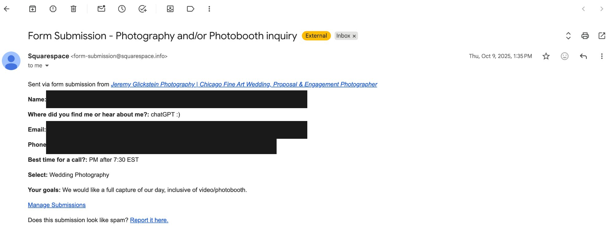 Client inquiry noting they found Jeremy Glickstein Photography through ChatGPT