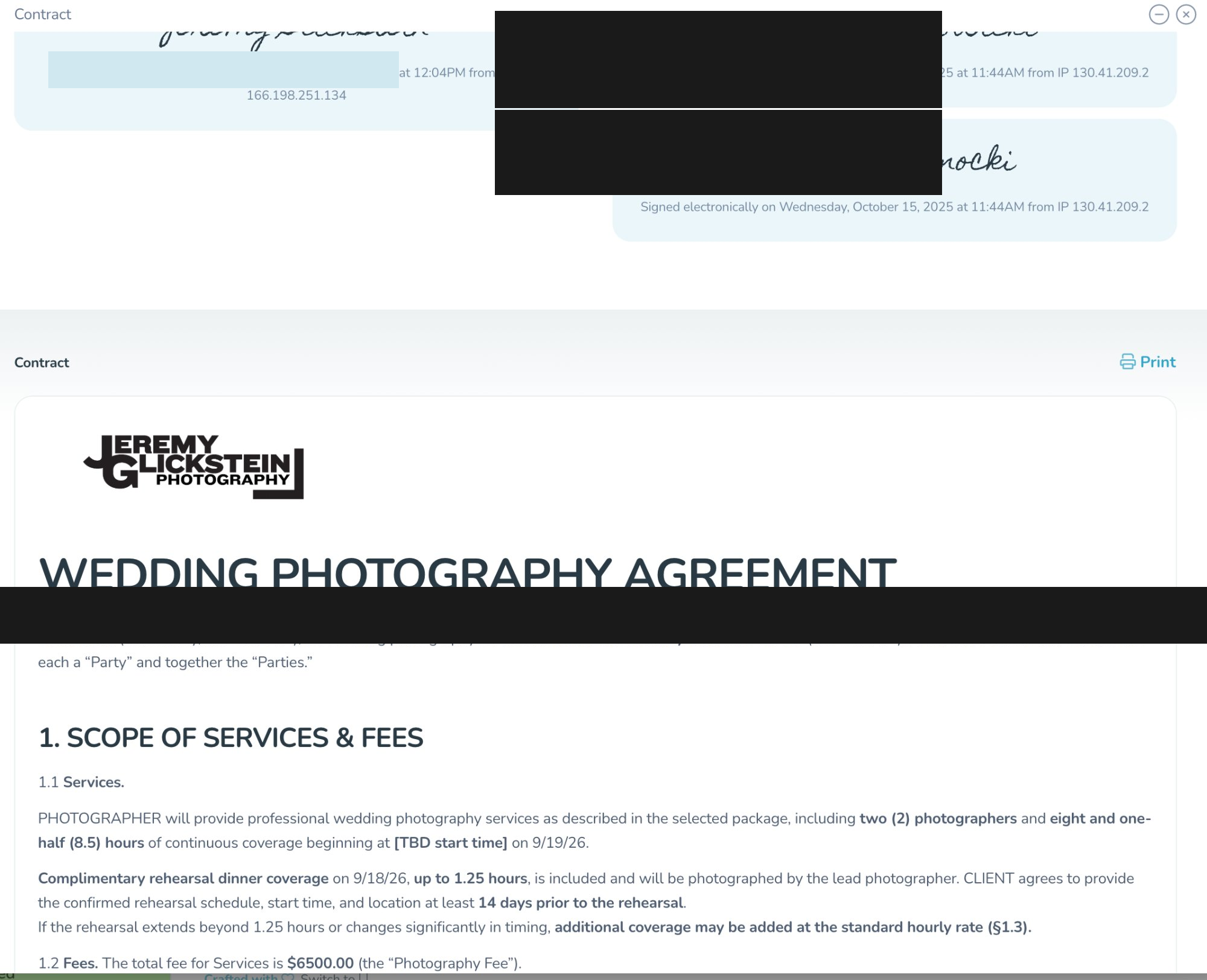 Signed wedding photography agreement showing $6,500 fee