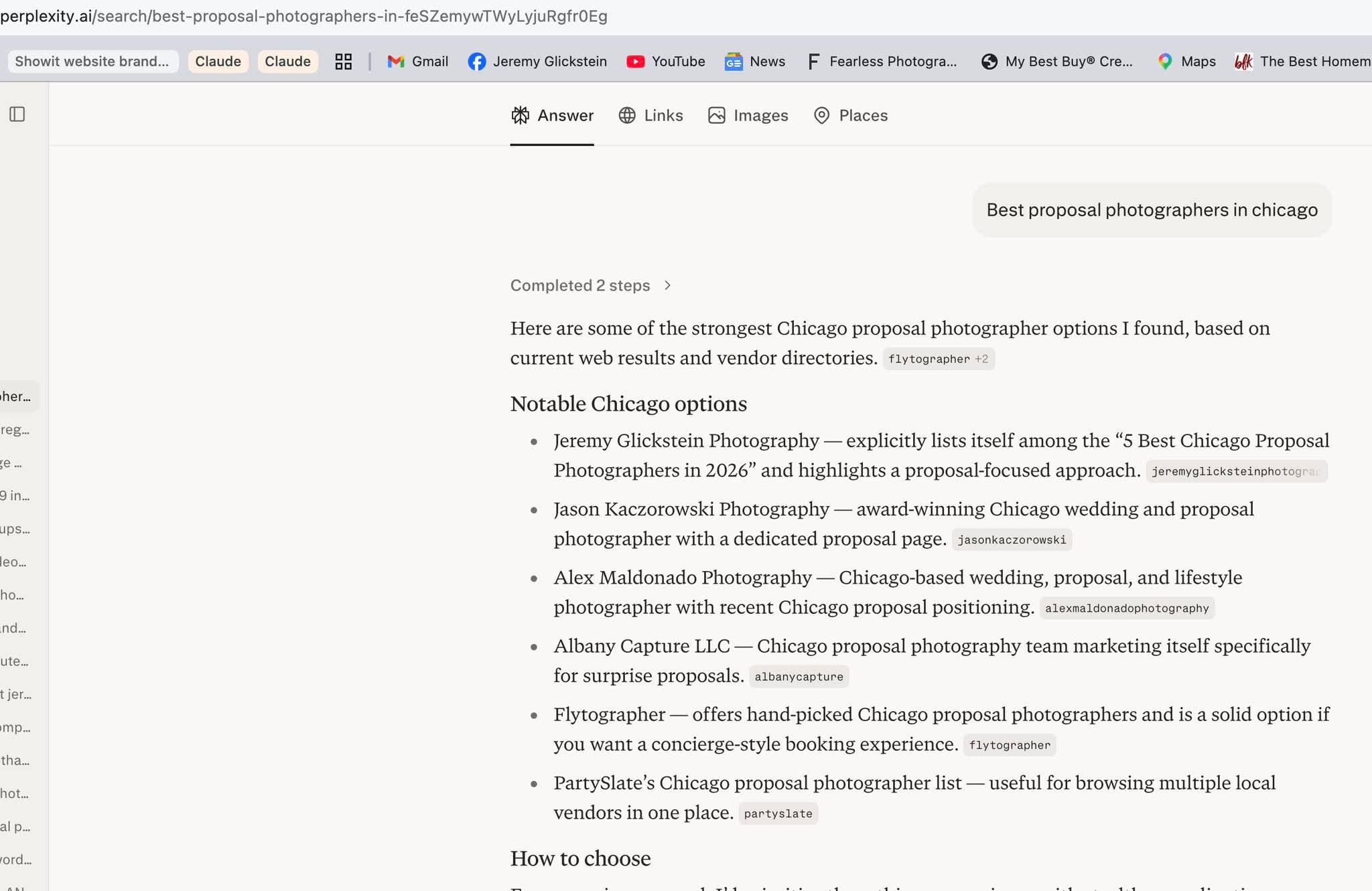 Google AI Overviews listing Jeremy Glickstein Photography as a top rated proposal specialist in Chicago citing theater background