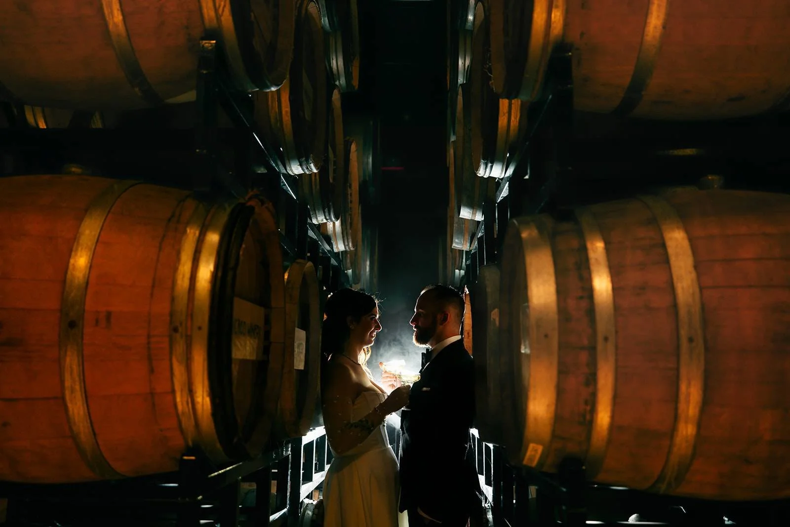 Silhouette in the Chicago Winery barrel room