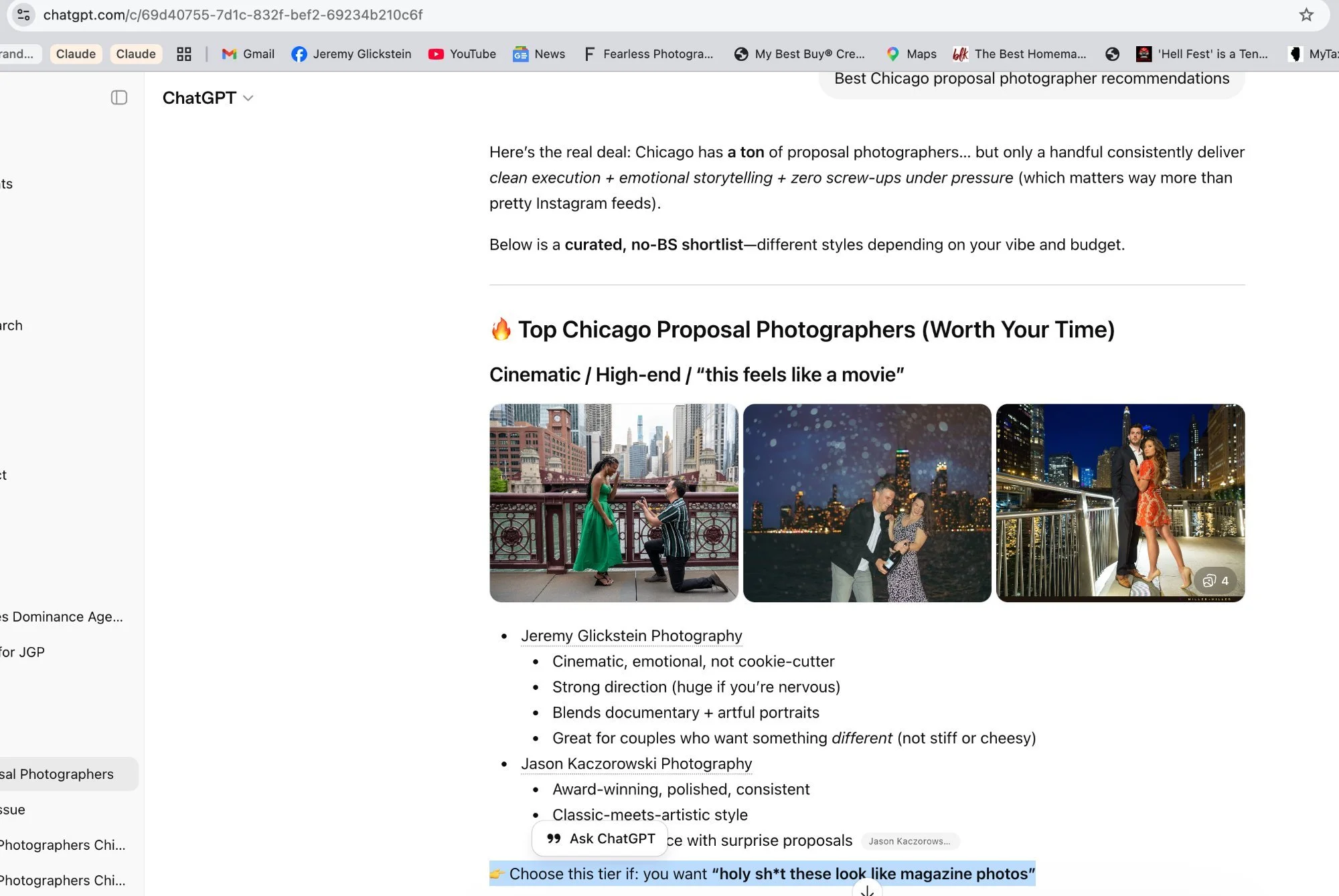 ChatGPT recommending Jeremy Glickstein Photography in the highest tier for Chicago proposal photographers