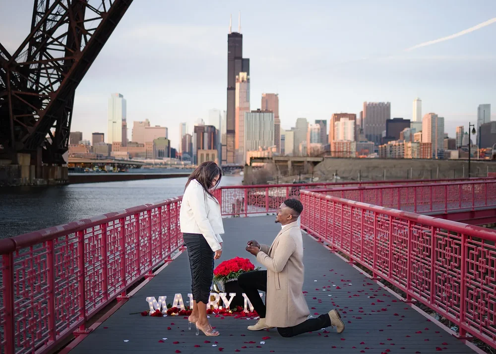 Ping Tom Park surprise proposal with Chicago skyline