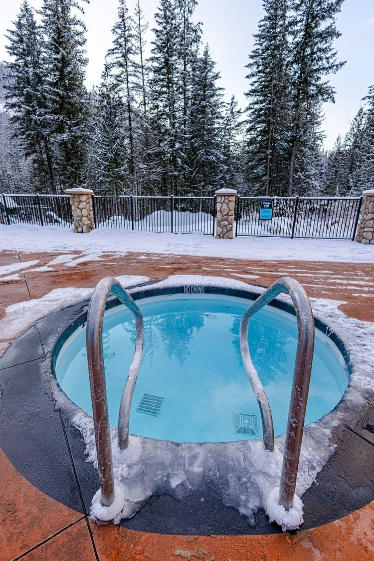 The 8°C cold plunge ringed with frost and snow, with snowy forest behind the fence
