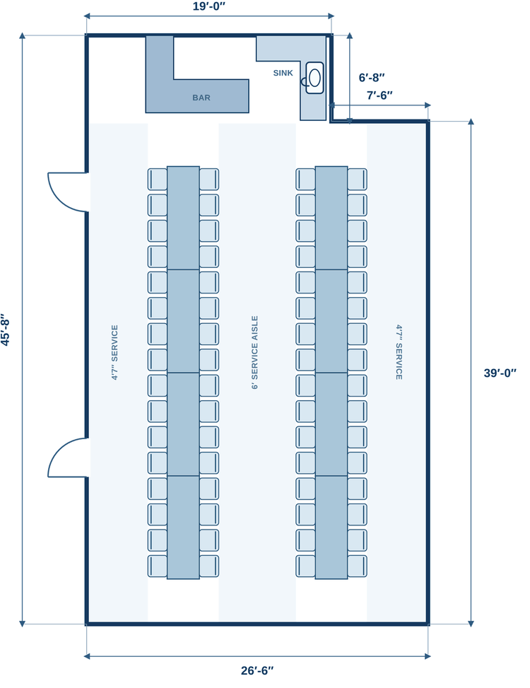 Floor plan of the Crazy Creek meeting room with eight 8-foot tables joined into two long banquet tables, 32 chairs along each, 64 seats in all